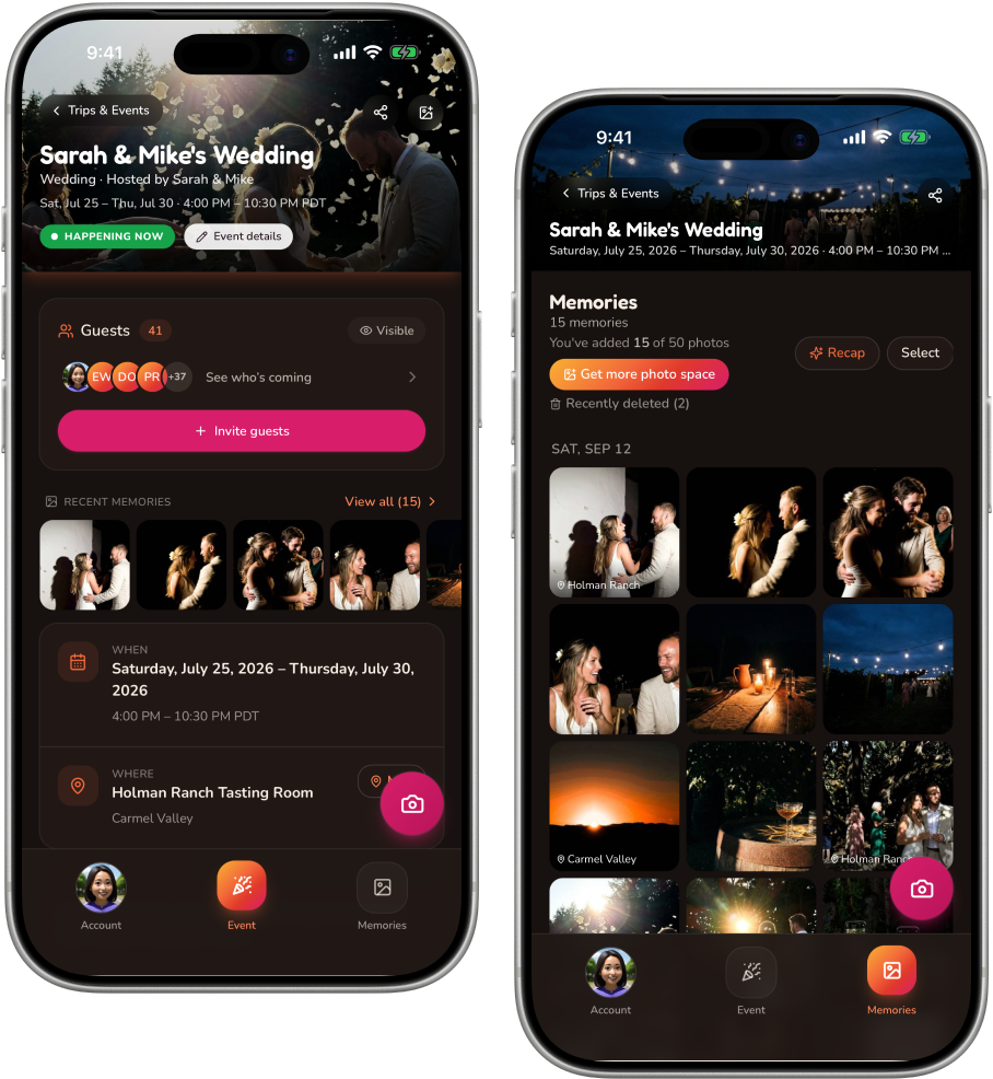 ThatOneTime event — the event home and the live shared album, side by side