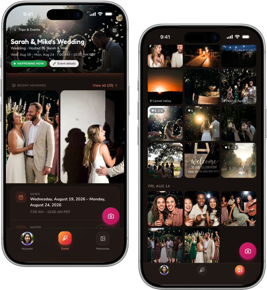ThatOneTime event — the event home and the live shared album, side by side