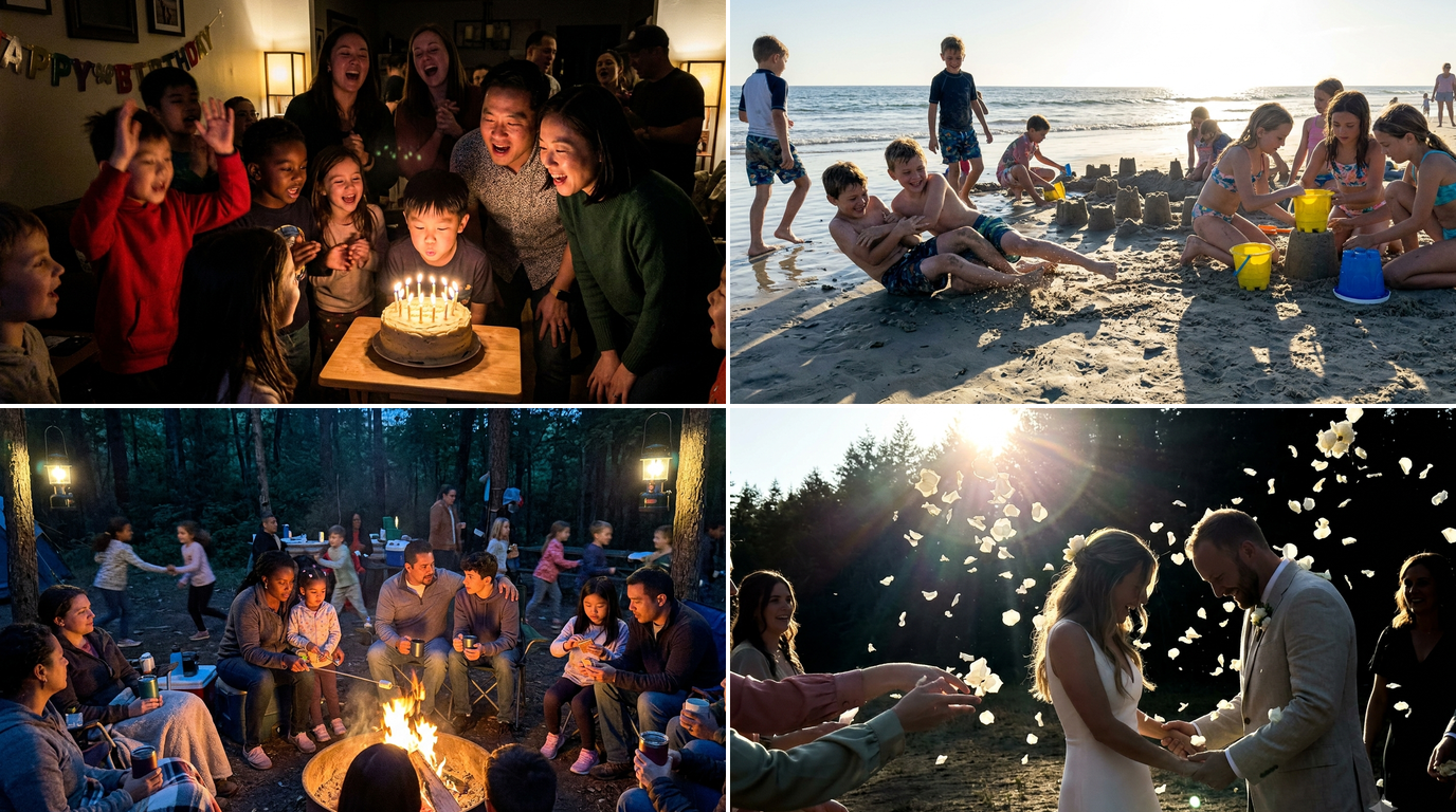 A warm 2×2 grid of real event moments — a child blowing out birthday candles, kids building sandcastles at a beach party, families gathered around a campfire at dusk, and a couple walking through a shower of petals at their wedding.