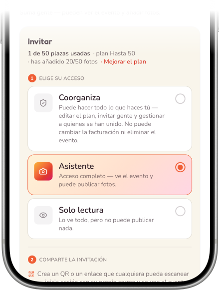 Invitando a los asistentes — eligiendo su acceso y compartiendo después un código QR o un enlace
