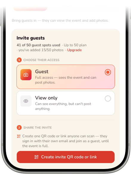 Inviting guests — choosing their access, then sharing a QR code or link