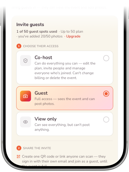 Inviting guests — choosing their access, then sharing a QR code or link