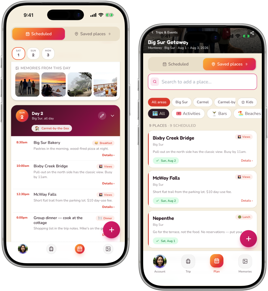 The trip’s Plan tab — the day-by-day schedule, with each day’s activities and times