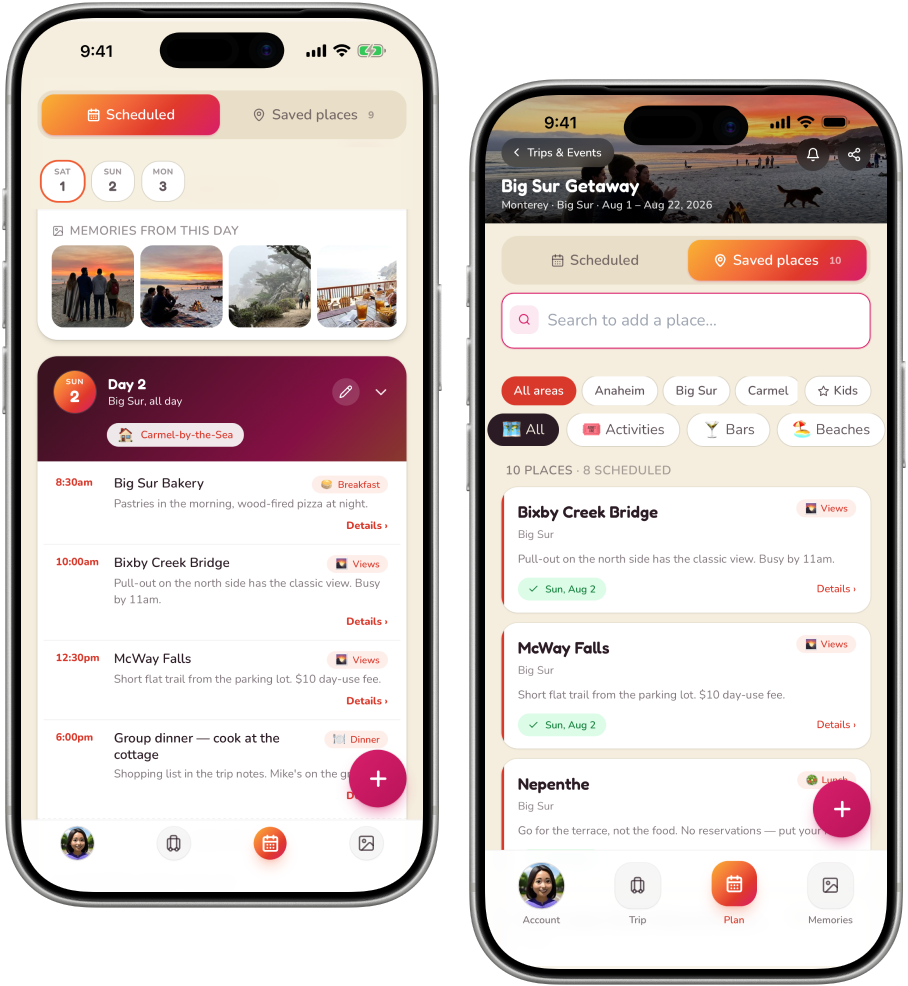 The trip’s Plan tab and its saved places, side by side — the day-by-day schedule, and the list of places to go