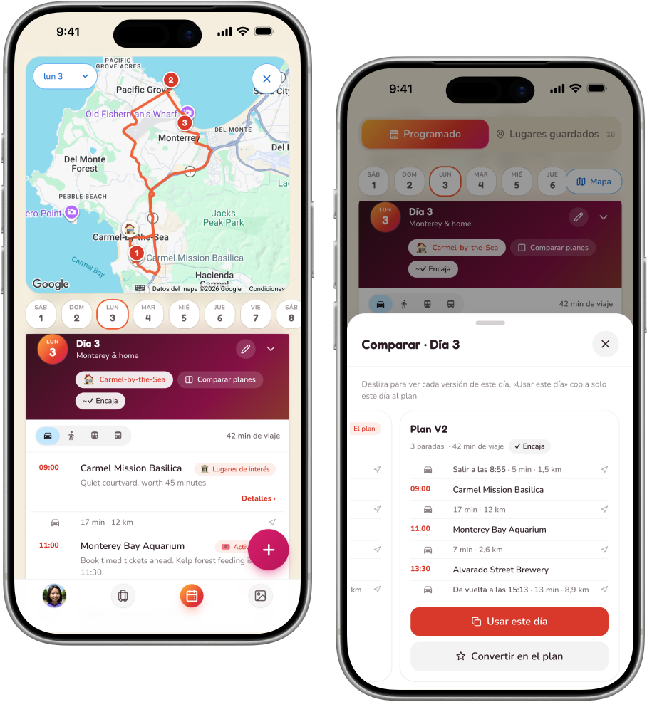 La pestaña Plan del viaje en modo mapa — cada parada en su sitio, la ruta del día y los tiempos entre paradas