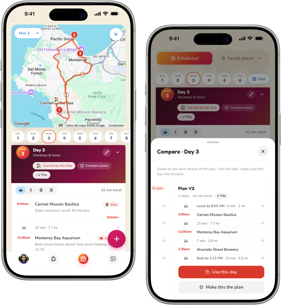 The trip’s Plan tab in map mode — every stop pinned, the day’s route, and travel times between stops