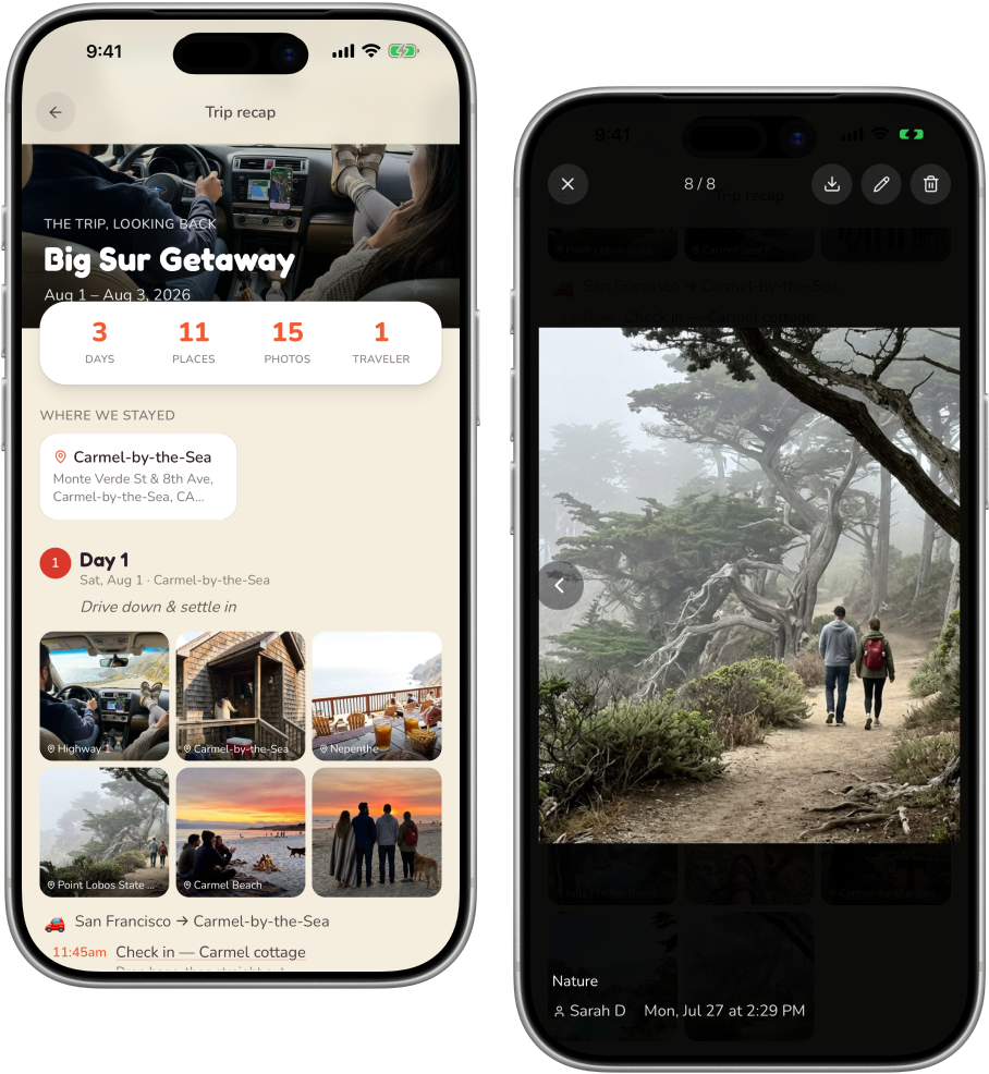 The trip recap — a shareable highlights story with the trip's numbers and a day-by-day photo story
