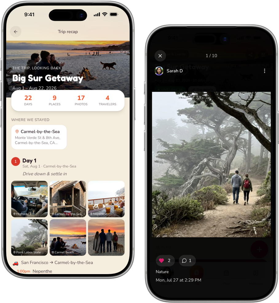 The trip recap — a shareable highlights story with the trip's numbers and a day-by-day photo story