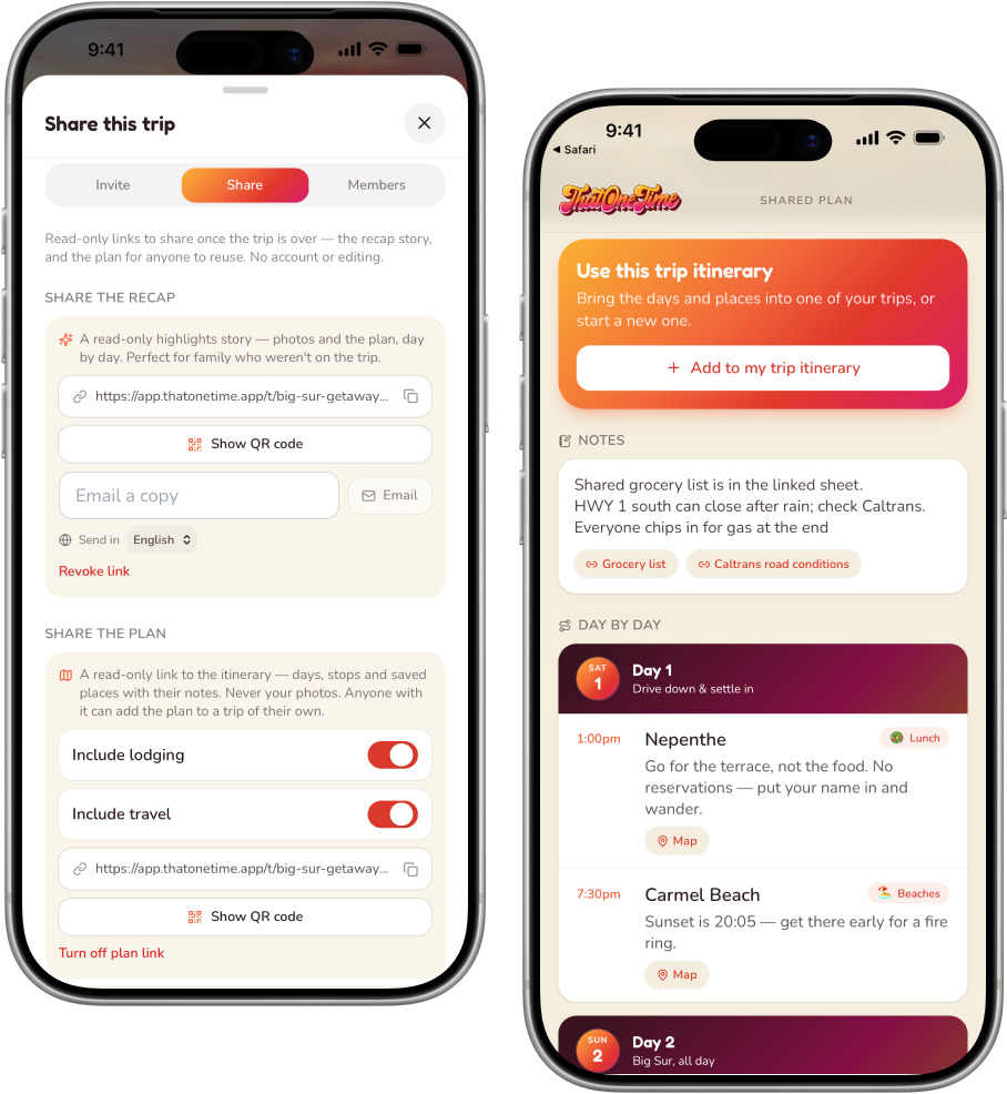 A shared itinerary as a friend sees it — the days, stops and saved places, with a button to start their own trip from it