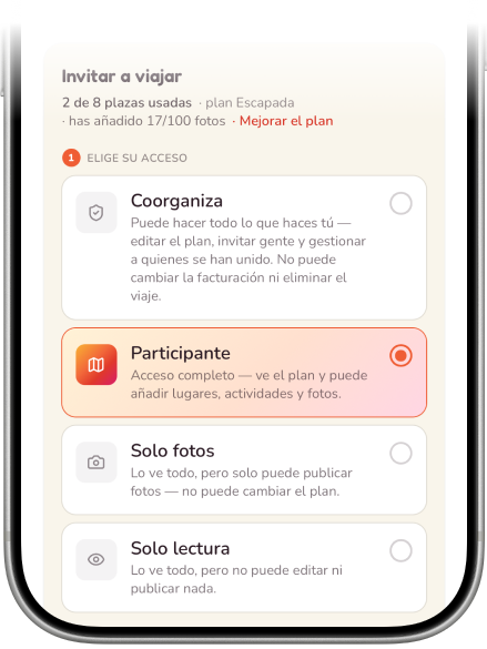 Invitando a tu grupo — eligiendo el acceso de cada persona, de coorganizador a solo lectura