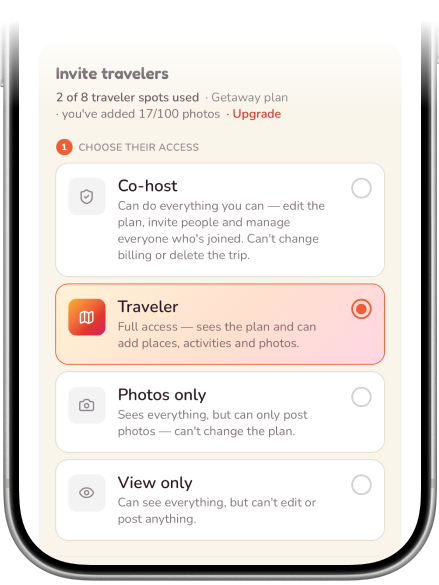 Inviting your group — choosing each person's access, from co-host to view-only