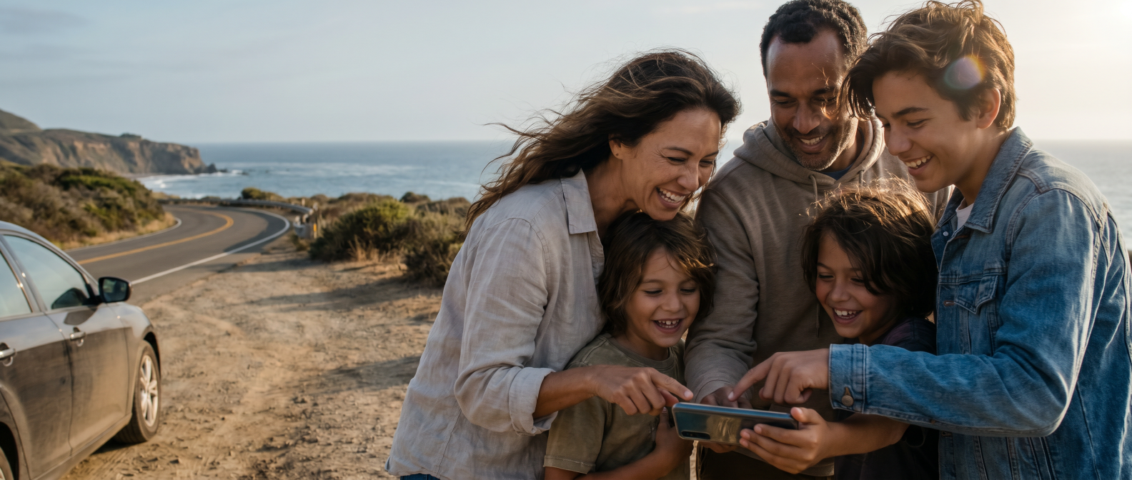A family of five gathered around one phone at a coastal overlook, following their trip together, with the ocean and a coast road behind them.