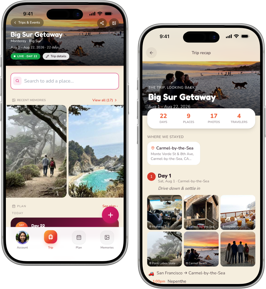 Two phones showing a ThatOneTime trip in progress — the live trip home with recent photos and today's plan, and the trip recap with its totals