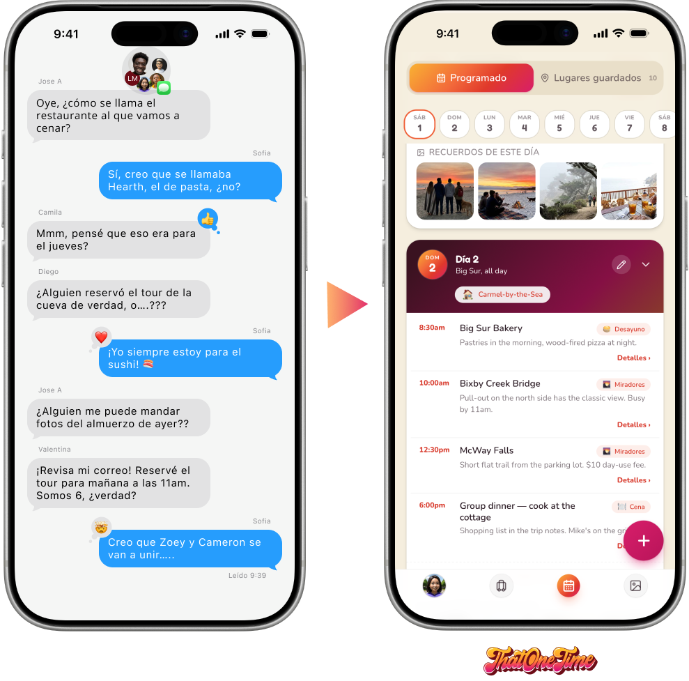 Antes: un chat de grupo familiar caótico, lleno de preguntas sin responder. Después: un único plan de ThatOneTime, ordenado y compartido, que todo el mundo puede ver.